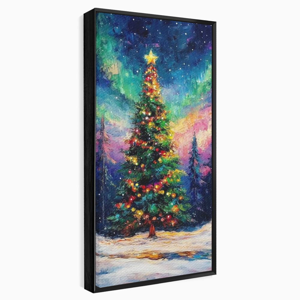 Tablou canvas cu tablou canvas cu brad de craciun si aurora boreala, in rama de aluminiu negru